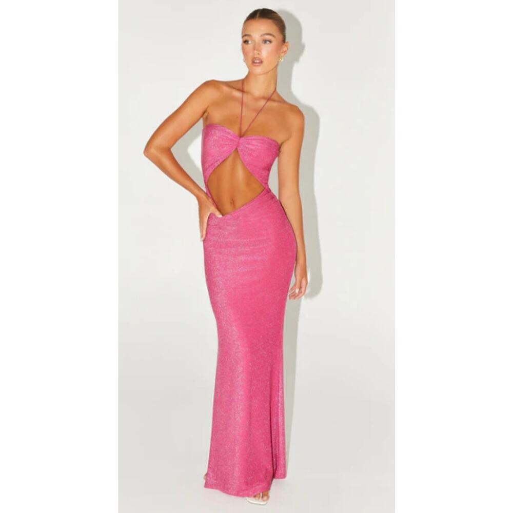 NWT Peppermayo Lorenzo Cut-Out Maxi in Raspberry Pink Glitter Halter Gown, sz 4